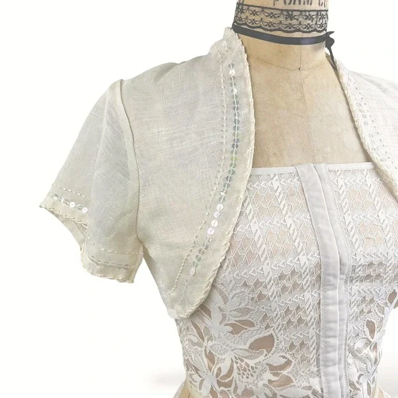 Coquette Womens M Sequin Trim Bolero Jacket Fairy Shrug Cream Angelic - Picture 5 of 9